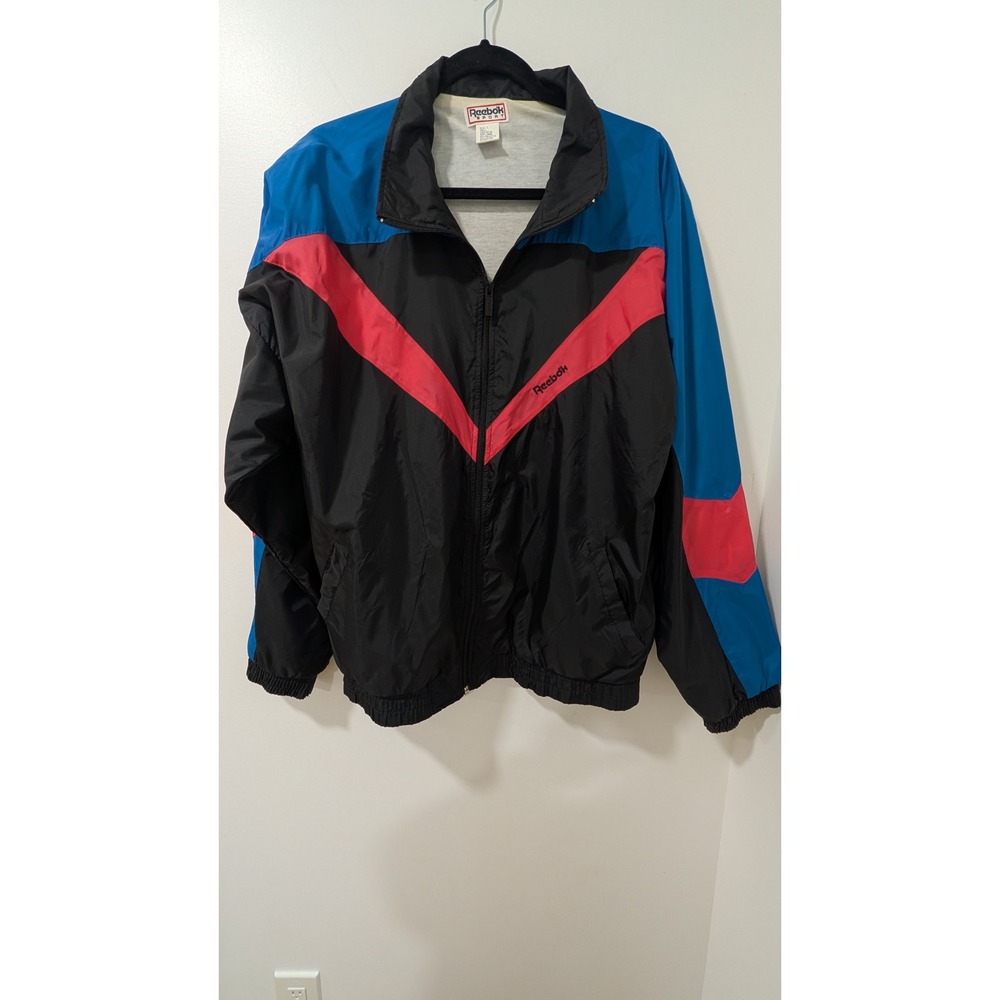 Vintage Reebok Sport Windbreaker Jacket Large Blue Black Red Chevron 90s Retro